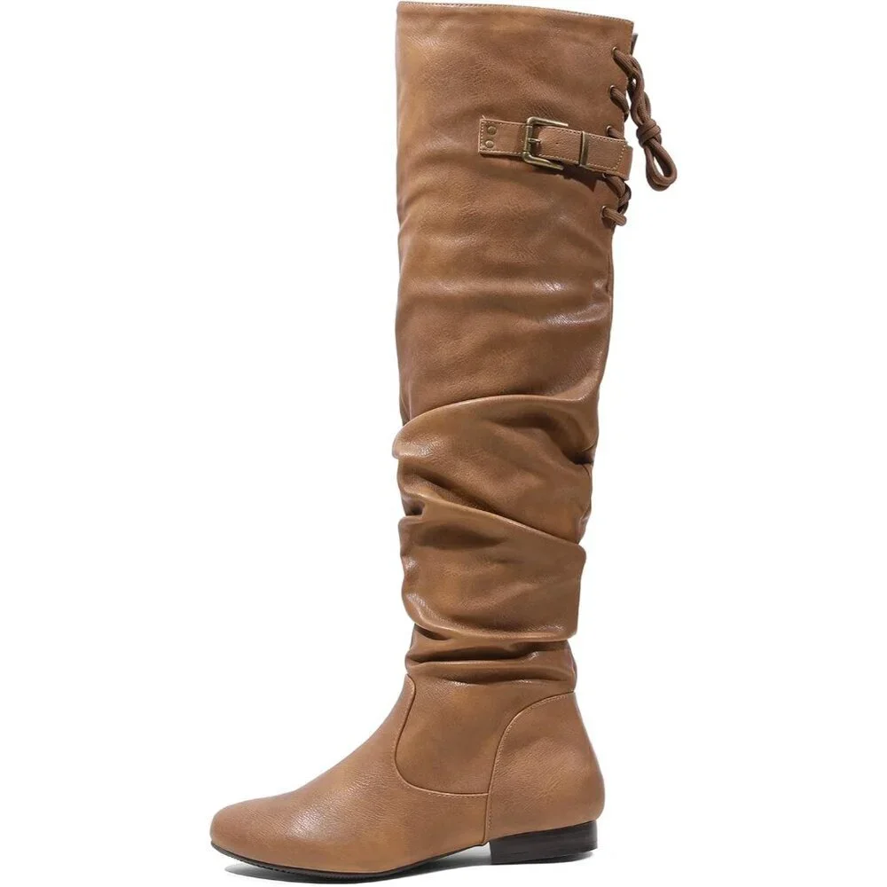 Women's Camel Suede Over The Knee Thigh High Comfortable Low Heel Winter Boots